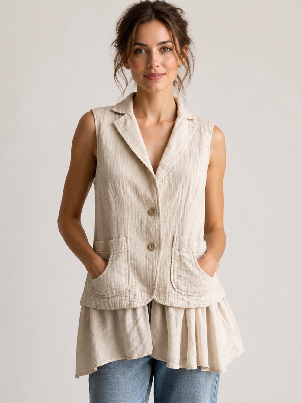 Soft Sleeveless Cream Textured Button Vest Tunic - Women's Top 16”-17” P2P